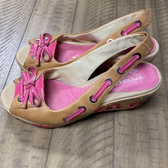Sperry Floral Embroidered Wedge Sandals Tan Pink Nautical Espadrille 7.5 - Picture 4 of 9